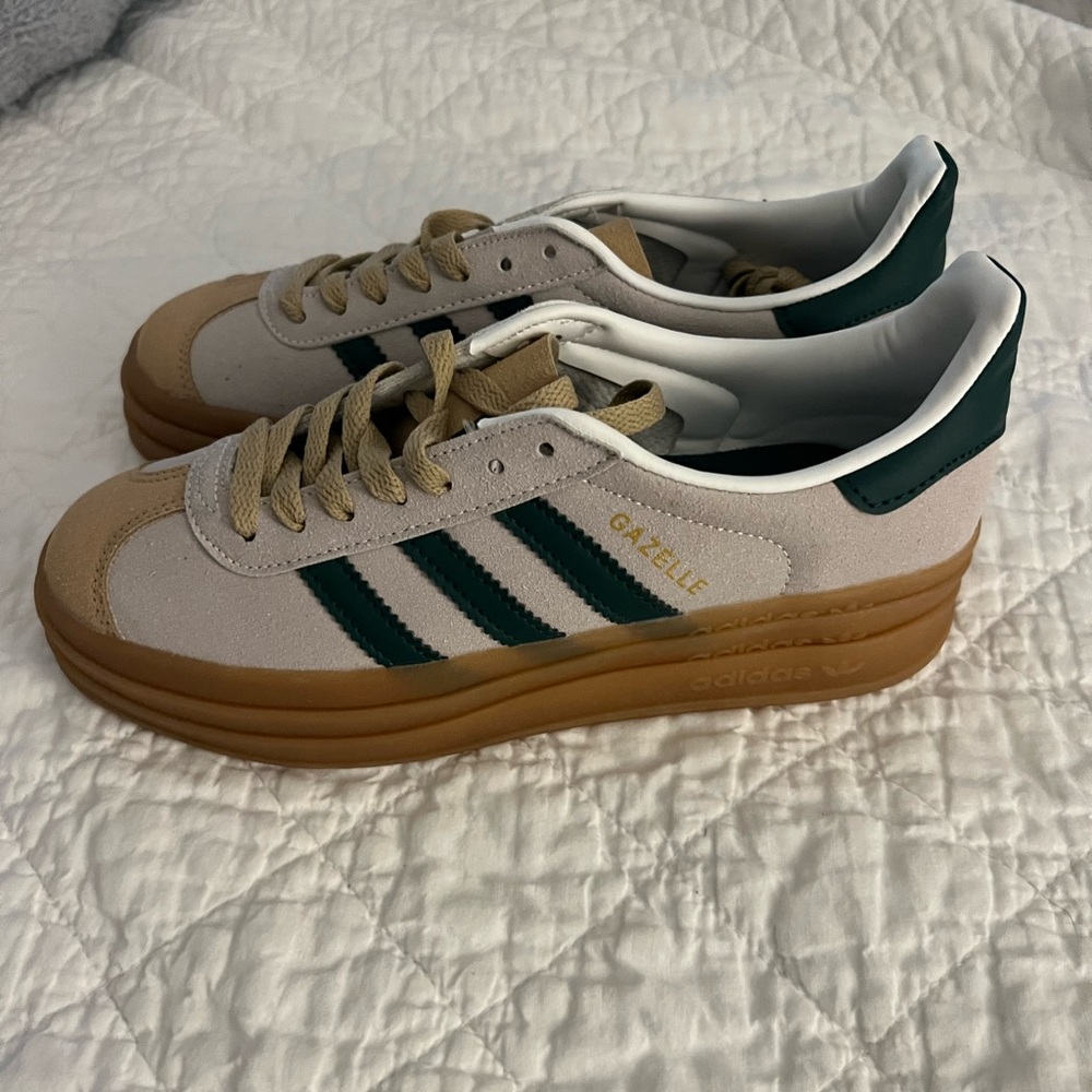 Green, tan, and gold adidas gazelle bolds